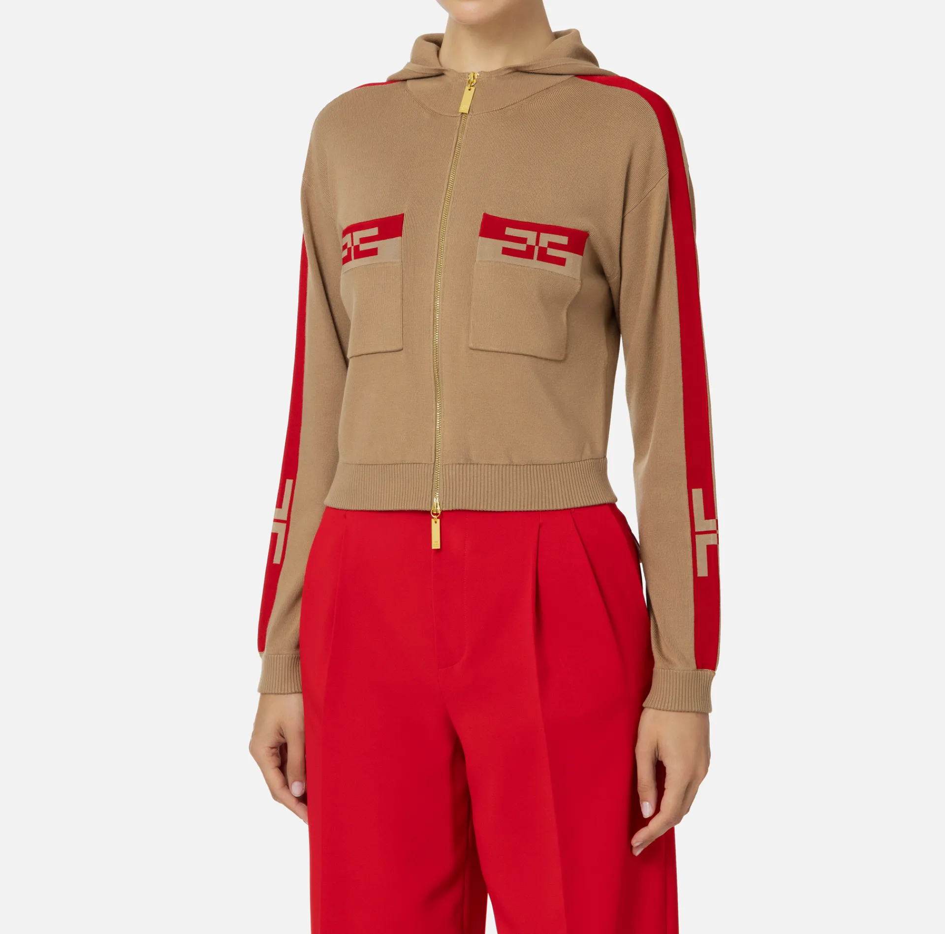 Elisabetta Franchi Knitwear And Sweatshirts|Viscose cropped sweatshirt with logo bands Camel/RedPassion