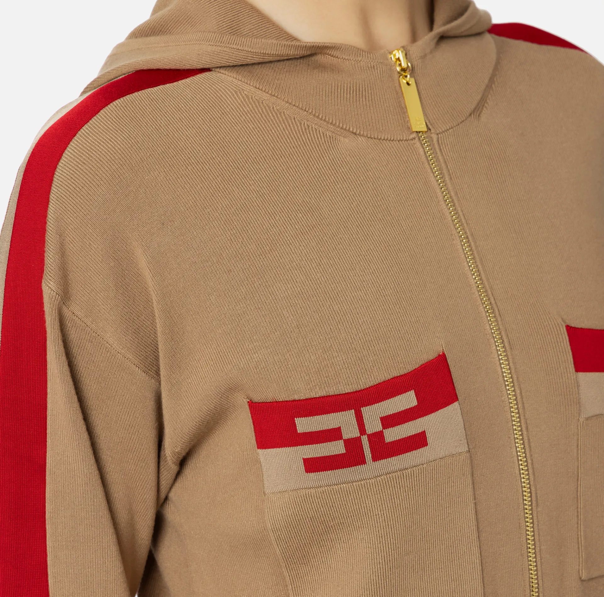 Elisabetta Franchi Knitwear And Sweatshirts|Viscose cropped sweatshirt with logo bands Camel/RedPassion
