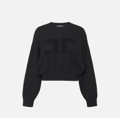 Elisabetta Franchi Knitwear And Sweatshirts|Viscose cropped sweatshirt with logo embroidery Black
