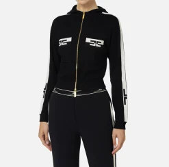 Elisabetta Franchi Knitwear And Sweatshirts|Viscose cropped sweatshirt with logo bands Black/Butter