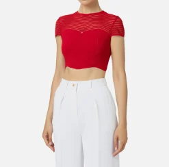 Elisabetta Franchi Top And T-Shirts|Viscose cropped top with herringbone pattern RedPassion