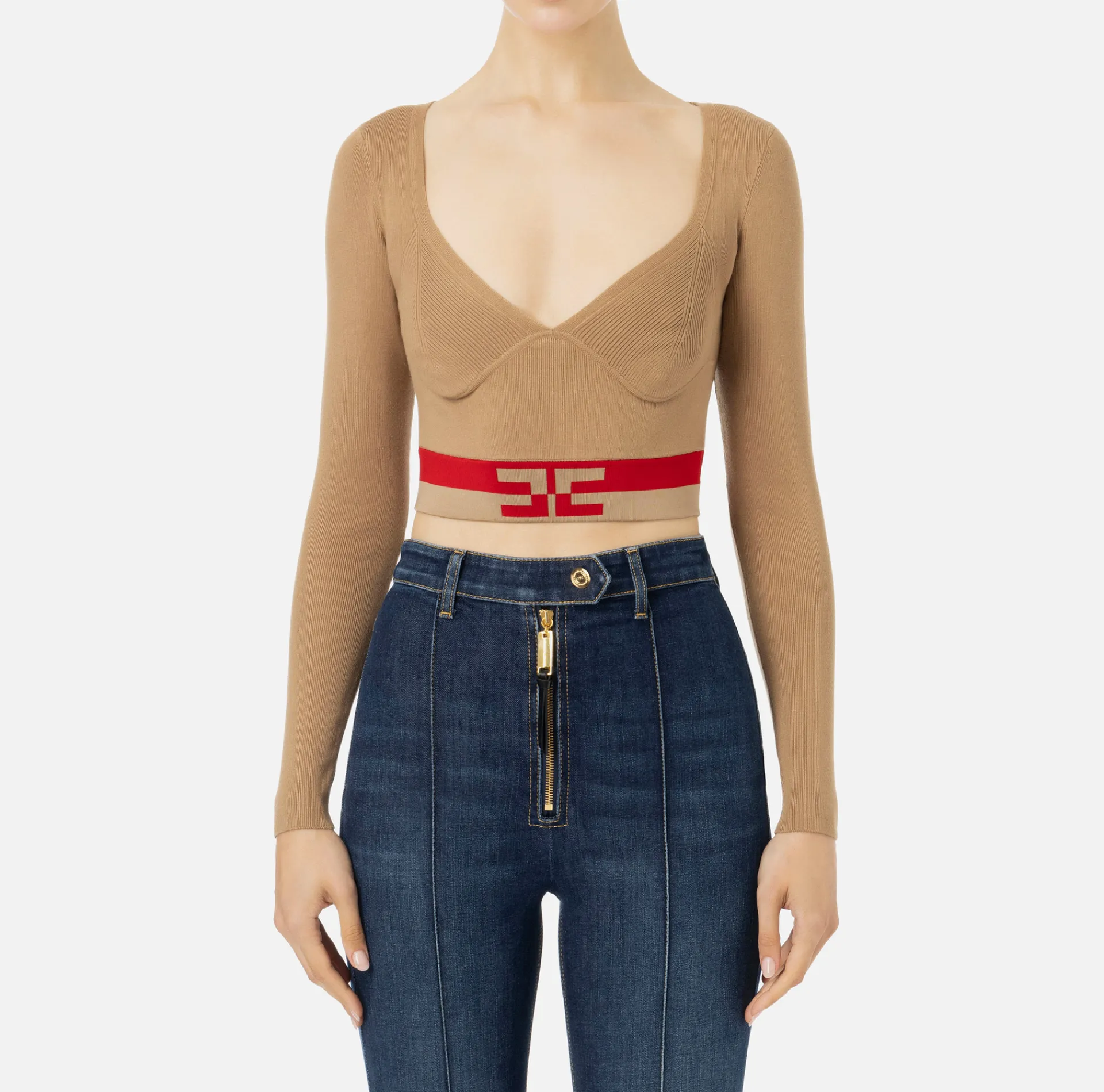 Elisabetta Franchi Knitwear And Sweatshirts|Viscose cropped top with logo bands Camel/RedPassion