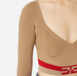 Elisabetta Franchi Knitwear And Sweatshirts|Viscose cropped top with logo bands Camel/RedPassion