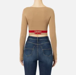 Elisabetta Franchi Knitwear And Sweatshirts|Viscose cropped top with logo bands Camel/RedPassion