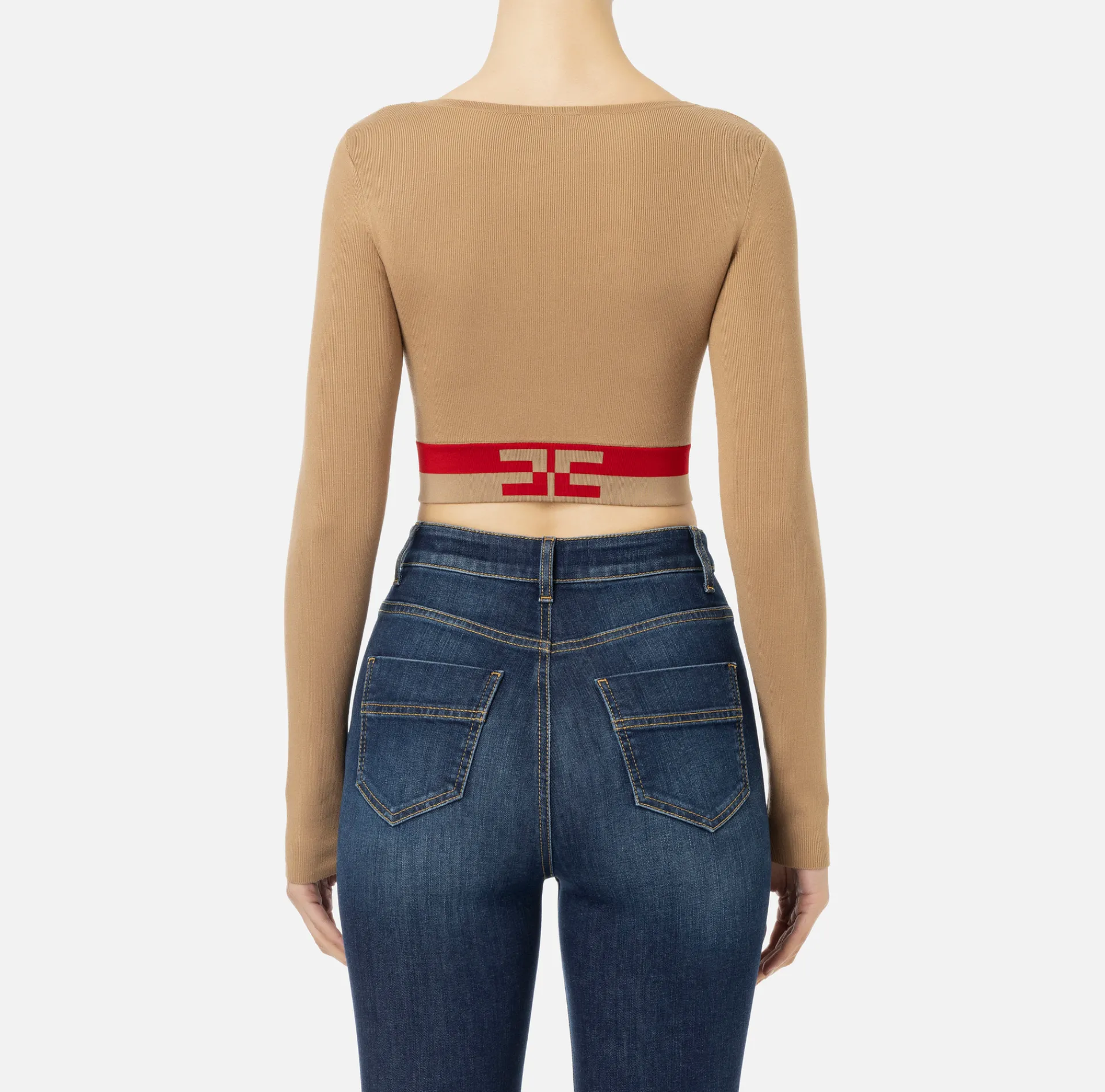 Elisabetta Franchi Knitwear And Sweatshirts|Viscose cropped top with logo bands Camel/RedPassion