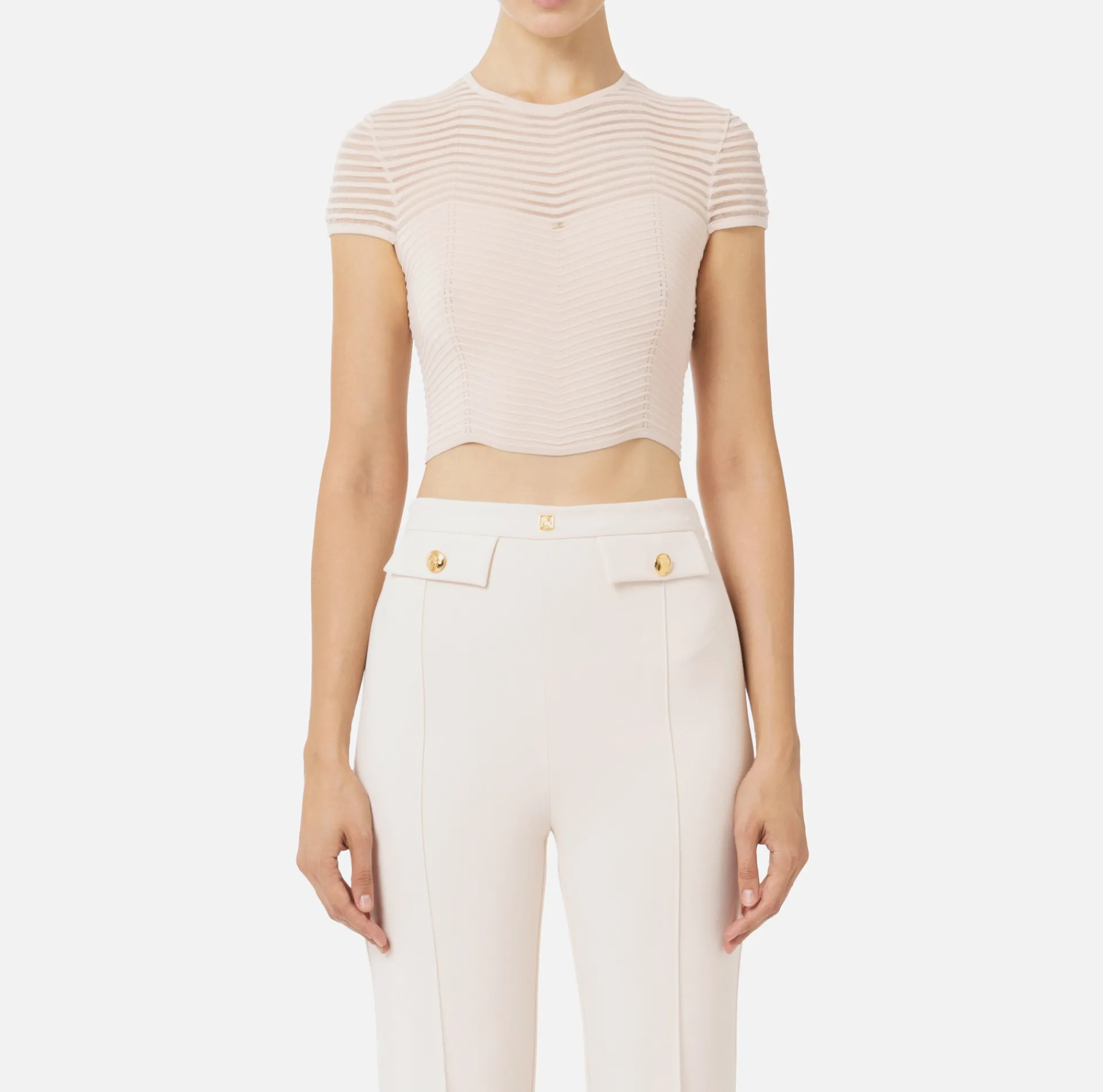 Elisabetta Franchi Top And T-Shirts|Viscose cropped top with herringbone pattern PowderPink
