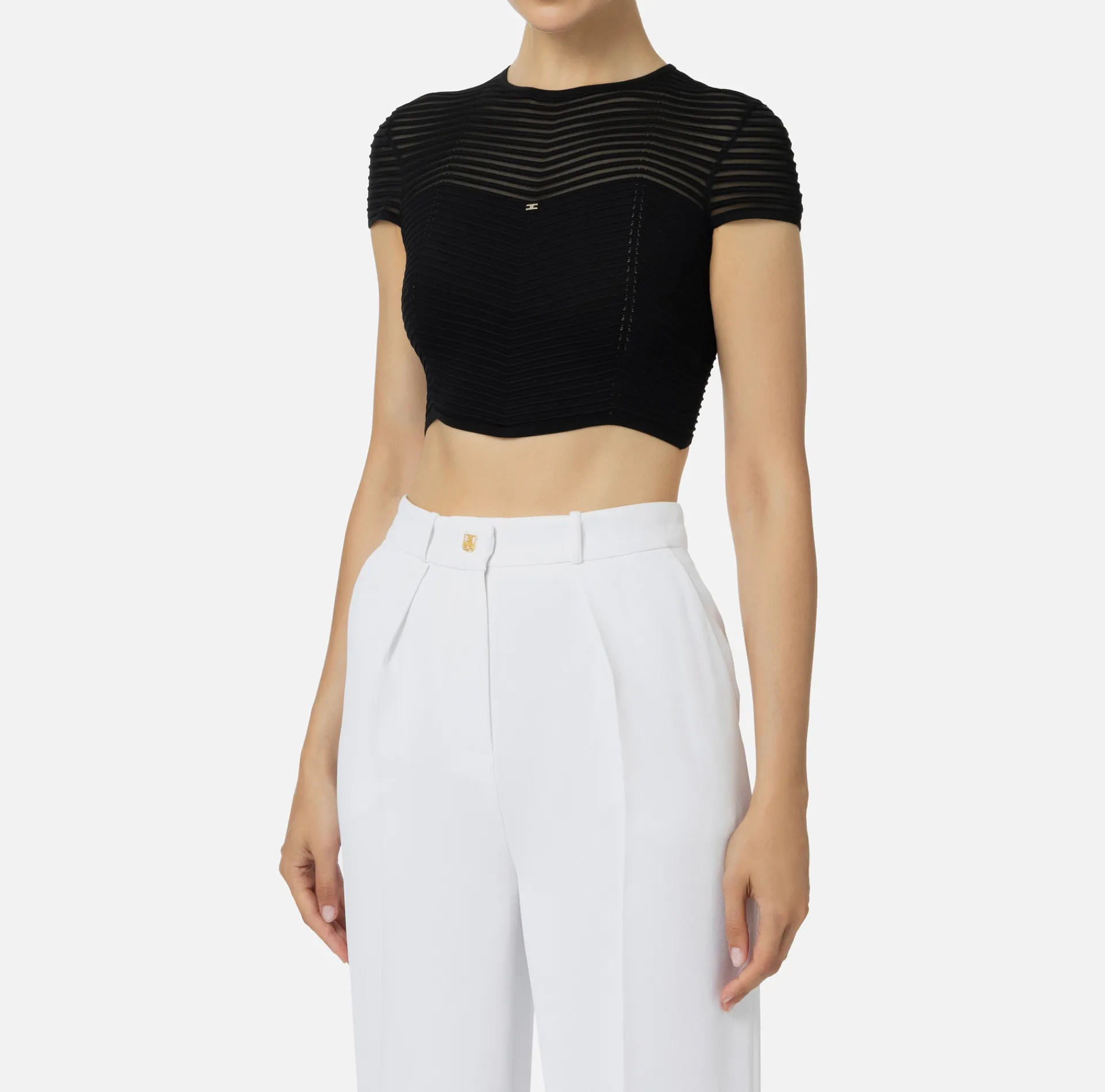 Elisabetta Franchi Top And T-Shirts|Viscose cropped top with herringbone pattern Black