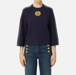 Elisabetta Franchi Knitwear And Sweatshirts|Viscose cropped top with logo patch Navy/Mimosa