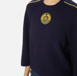 Elisabetta Franchi Knitwear And Sweatshirts|Viscose cropped top with logo patch Navy/Mimosa