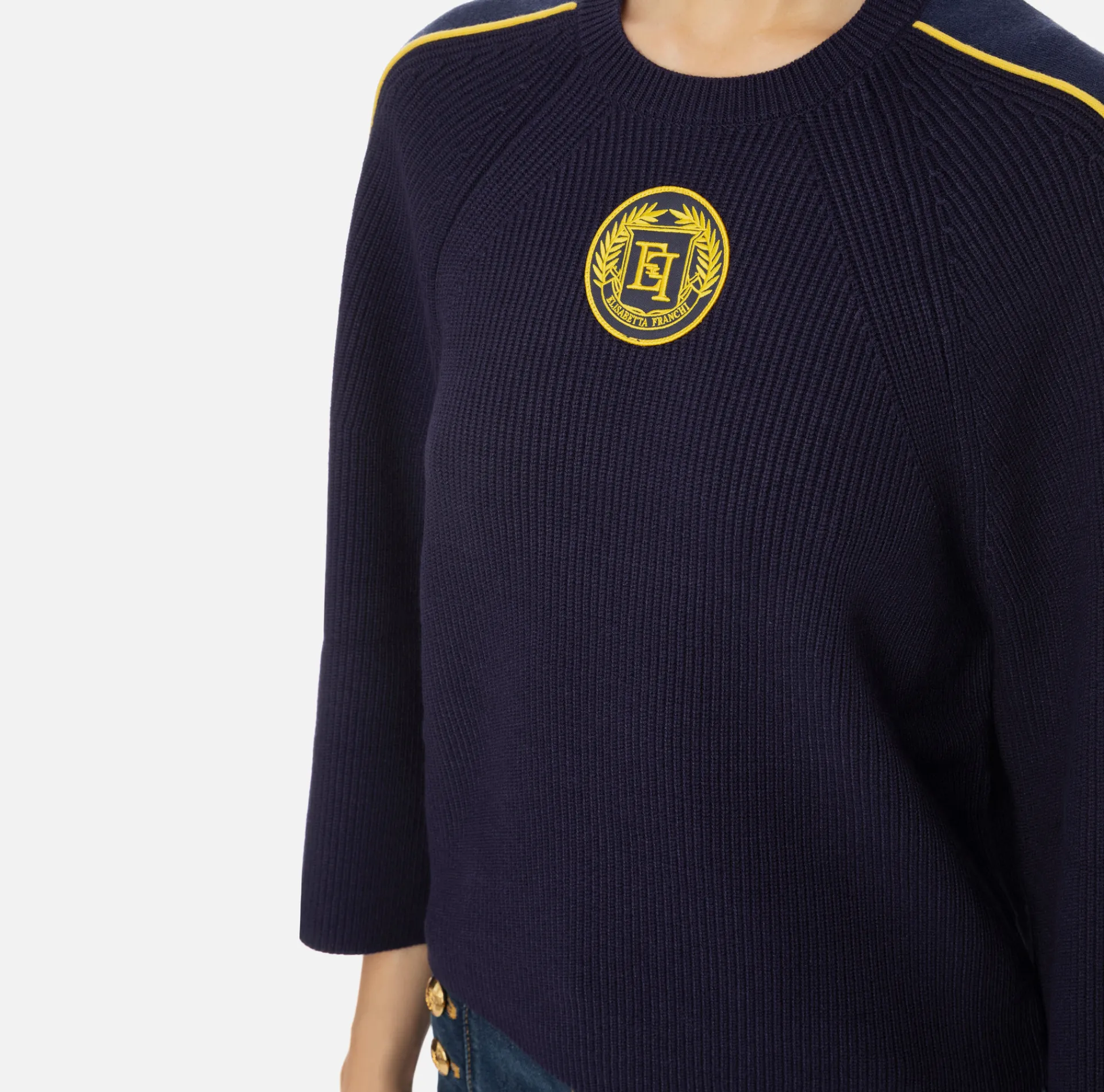 Elisabetta Franchi Knitwear And Sweatshirts|Viscose cropped top with logo patch Navy/Mimosa