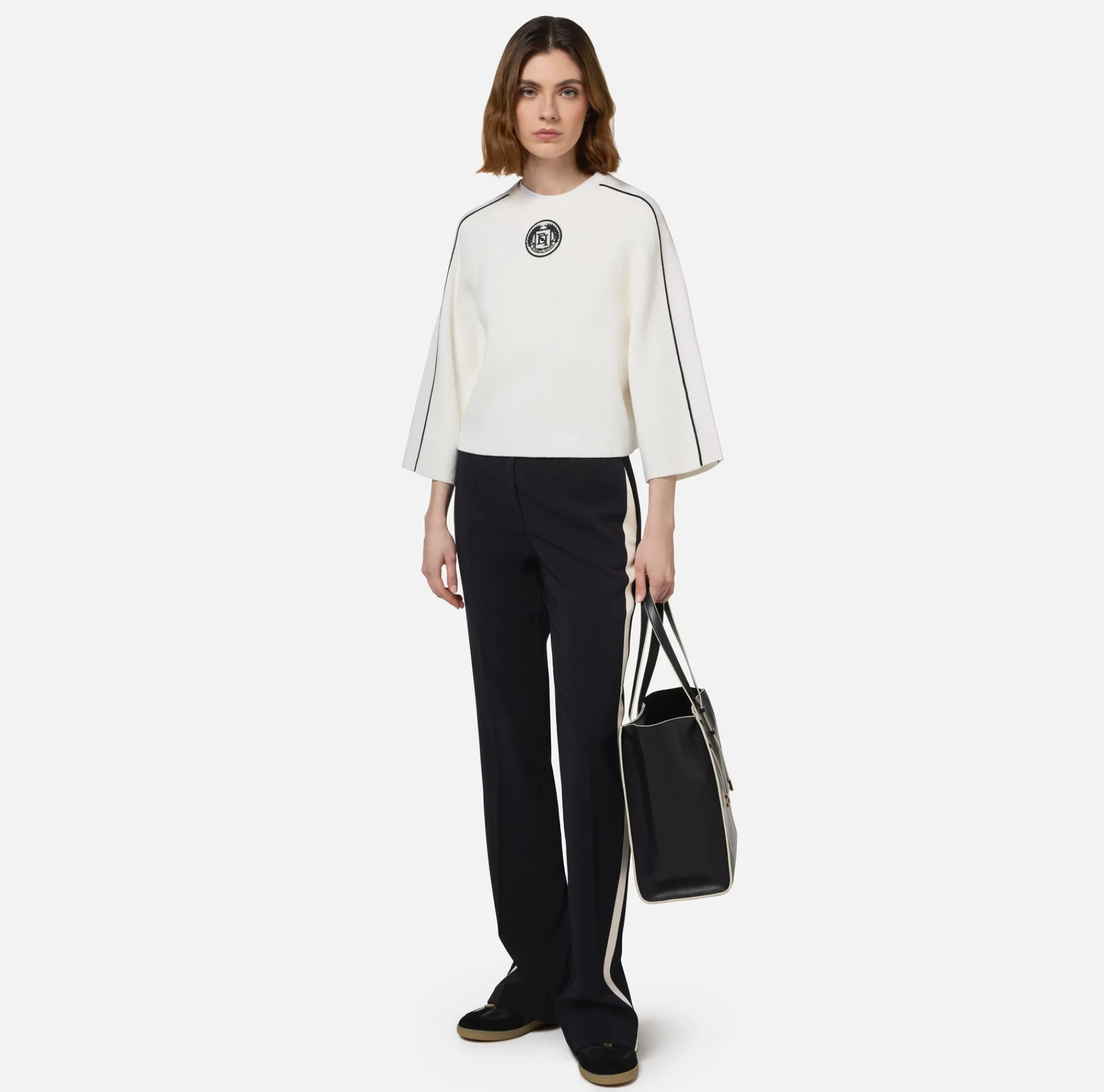 Elisabetta Franchi Knitwear And Sweatshirts|Viscose cropped top with logo patch Ivory/Black
