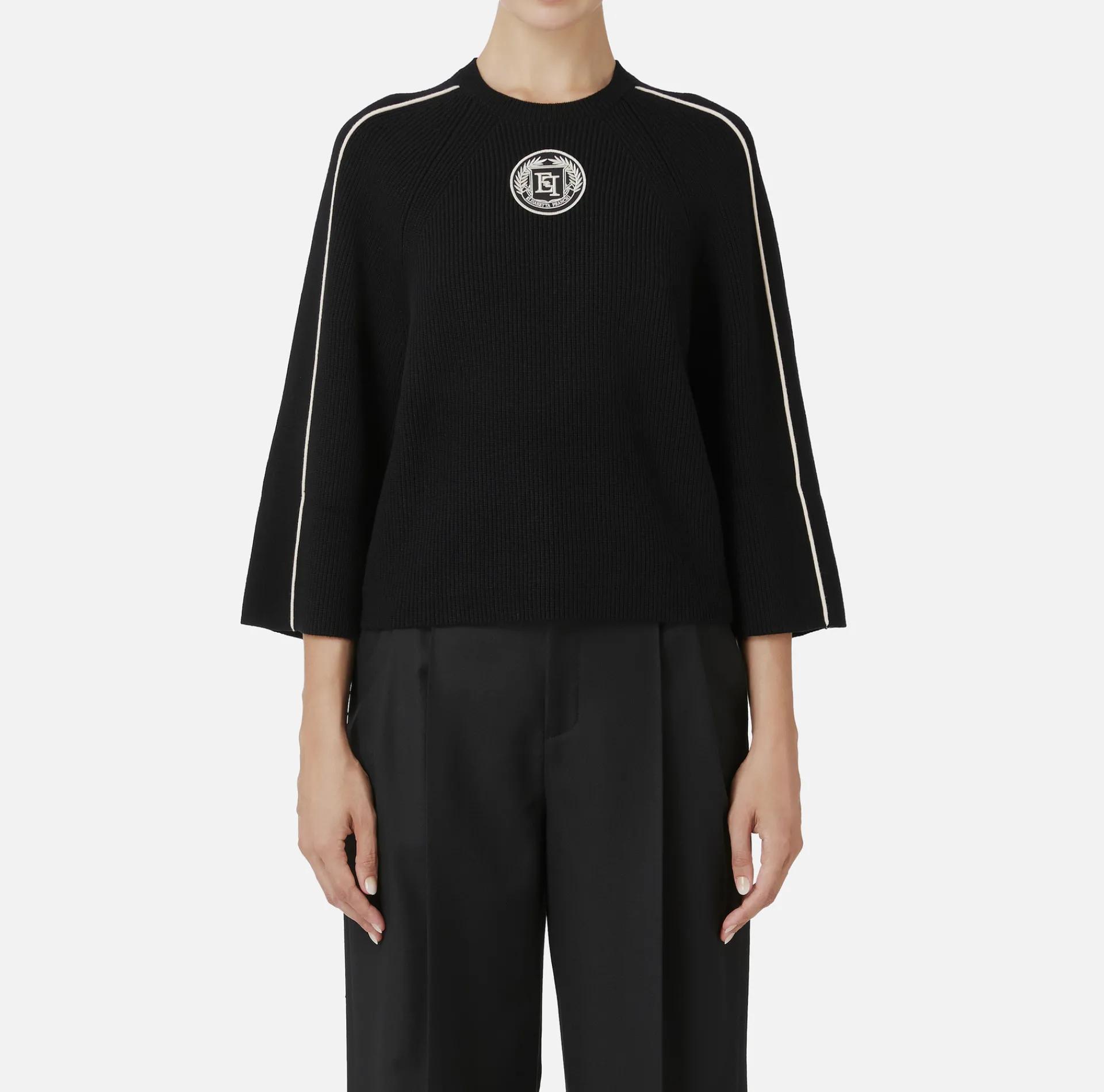 Elisabetta Franchi Knitwear And Sweatshirts|Viscose cropped top with logo patch Black/Butter