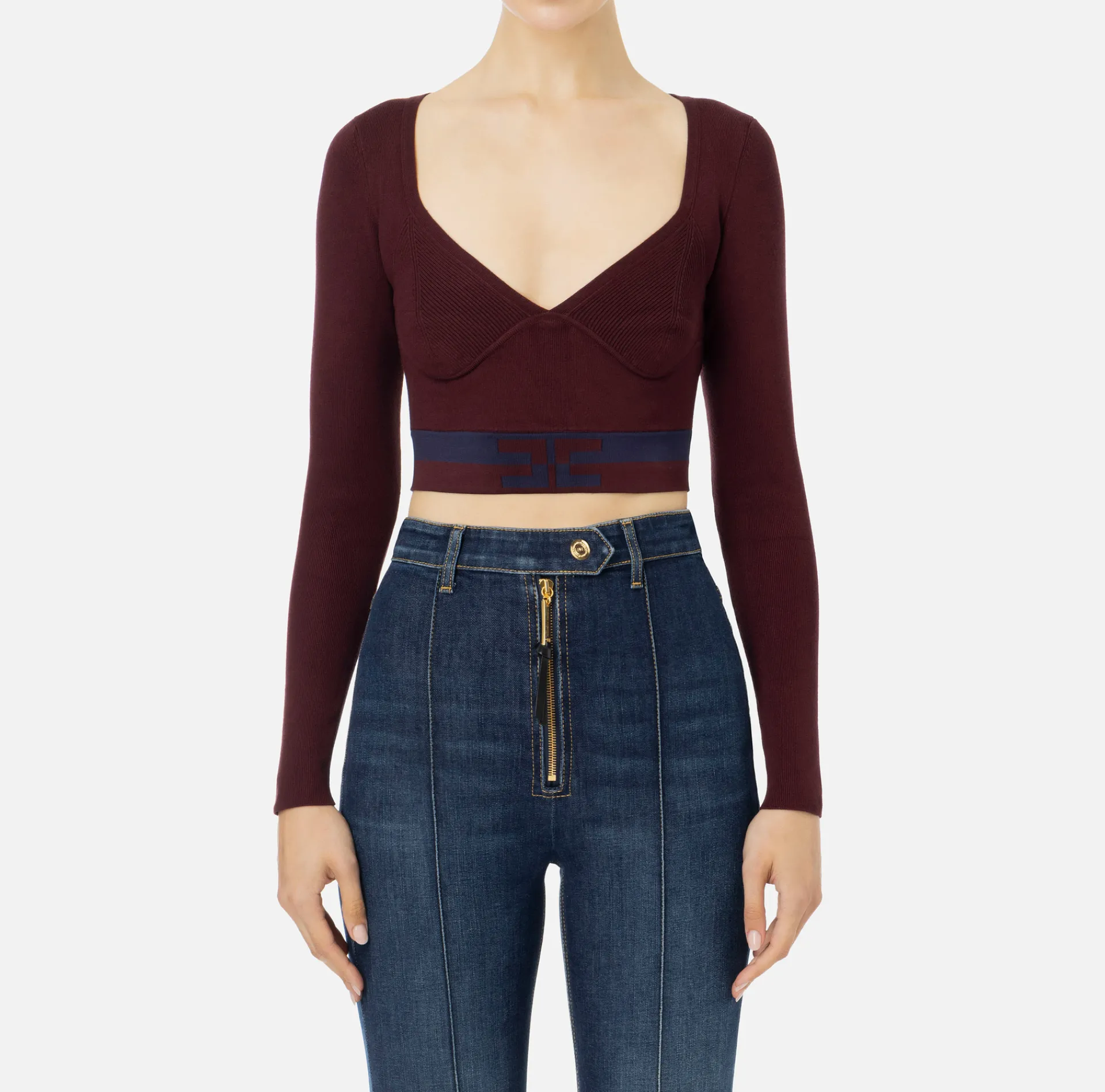 Elisabetta Franchi Knitwear And Sweatshirts|Viscose cropped top with logo bands Gold