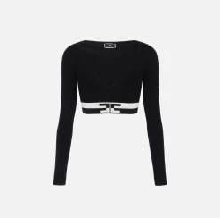 Elisabetta Franchi Knitwear And Sweatshirts|Viscose cropped top with logo bands Black/Butter