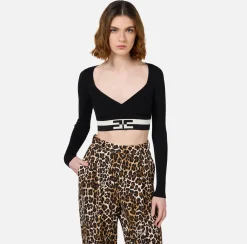 Elisabetta Franchi Knitwear And Sweatshirts|Viscose cropped top with logo bands Black/Butter