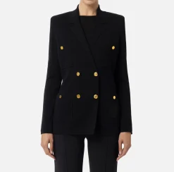 Elisabetta Franchi Knitwear And Sweatshirts|Jackets And Trench Coats|Viscose double-breasted jacket with logo patch Black
