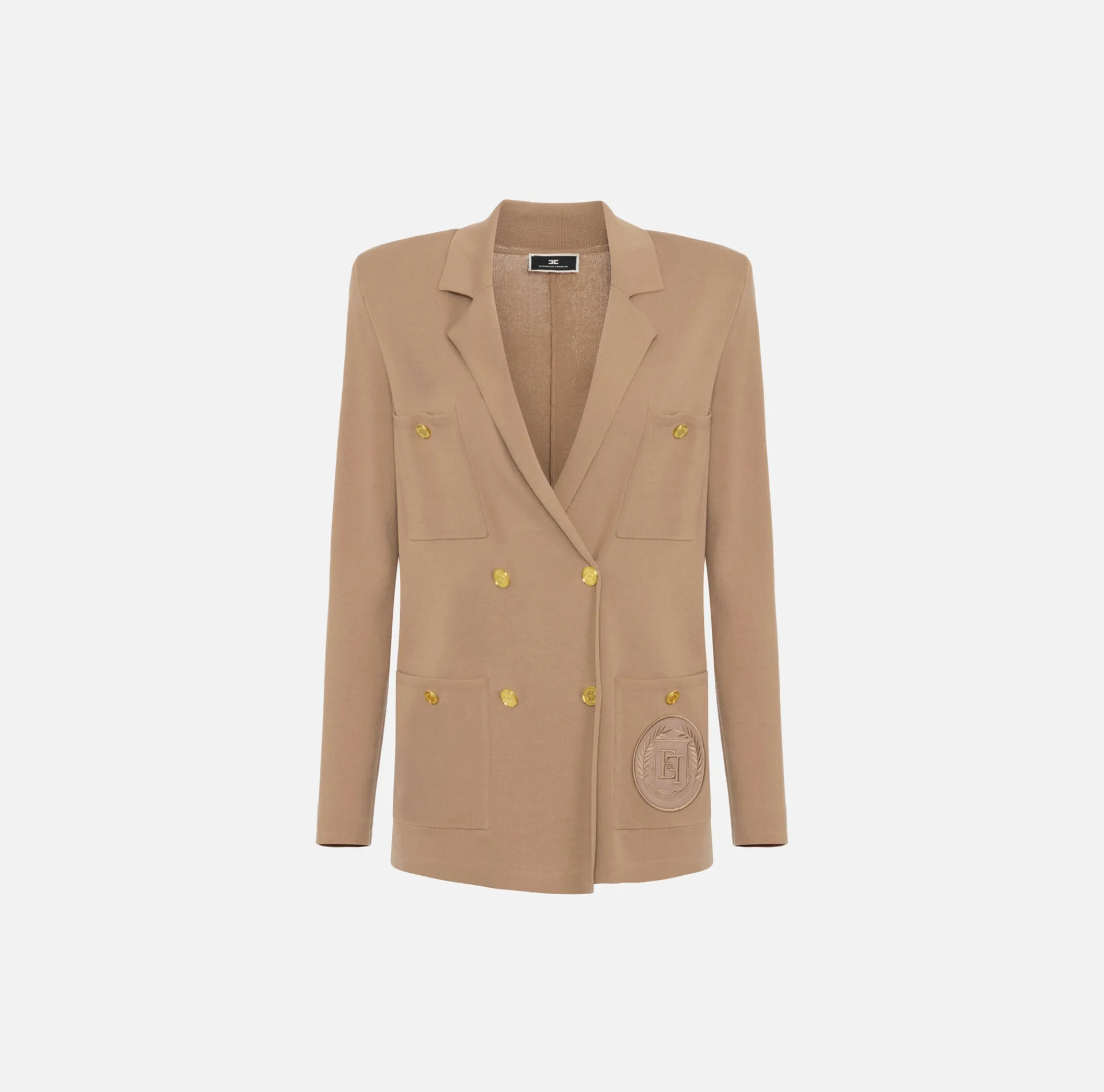 Elisabetta Franchi Knitwear And Sweatshirts|Jackets And Trench Coats|Viscose double-breasted jacket with logo patch Camel
