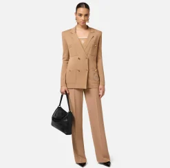 Elisabetta Franchi Knitwear And Sweatshirts|Jackets And Trench Coats|Viscose double-breasted jacket with logo patch Camel