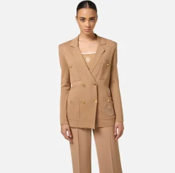 Elisabetta Franchi Knitwear And Sweatshirts|Jackets And Trench Coats|Viscose double-breasted jacket with logo patch Camel