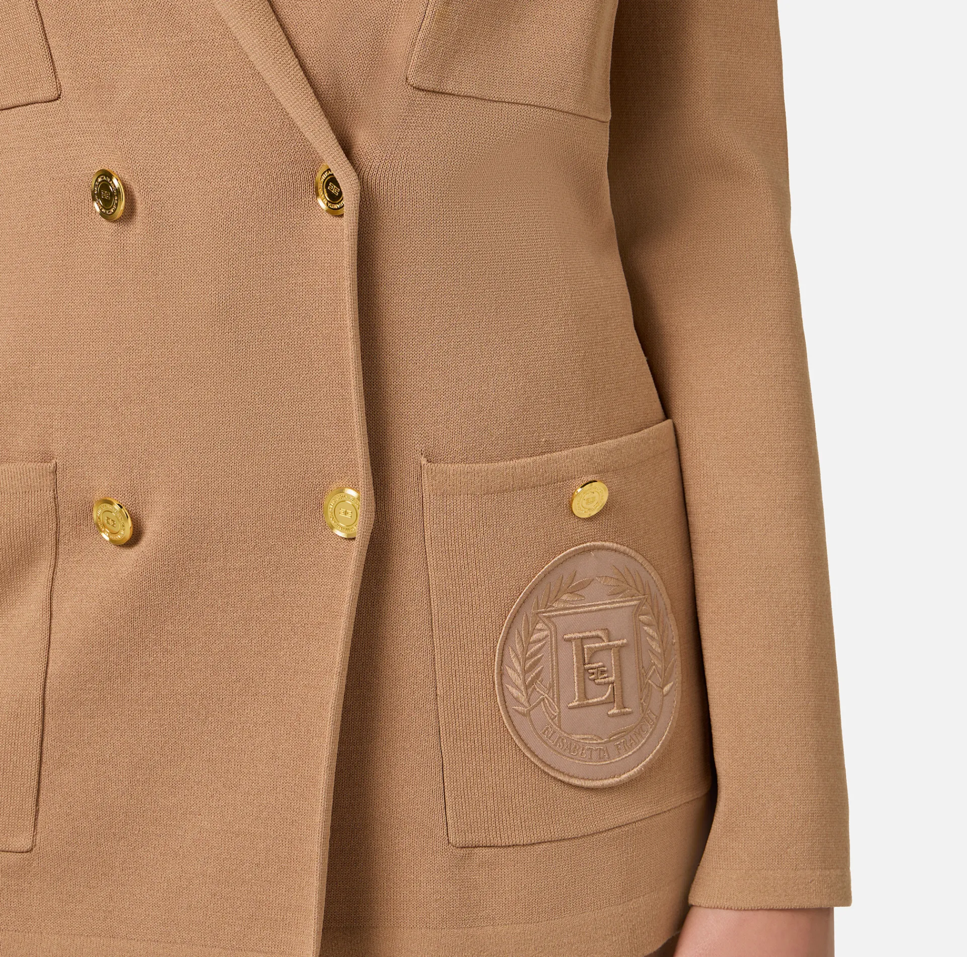 Elisabetta Franchi Knitwear And Sweatshirts|Jackets And Trench Coats|Viscose double-breasted jacket with logo patch Camel