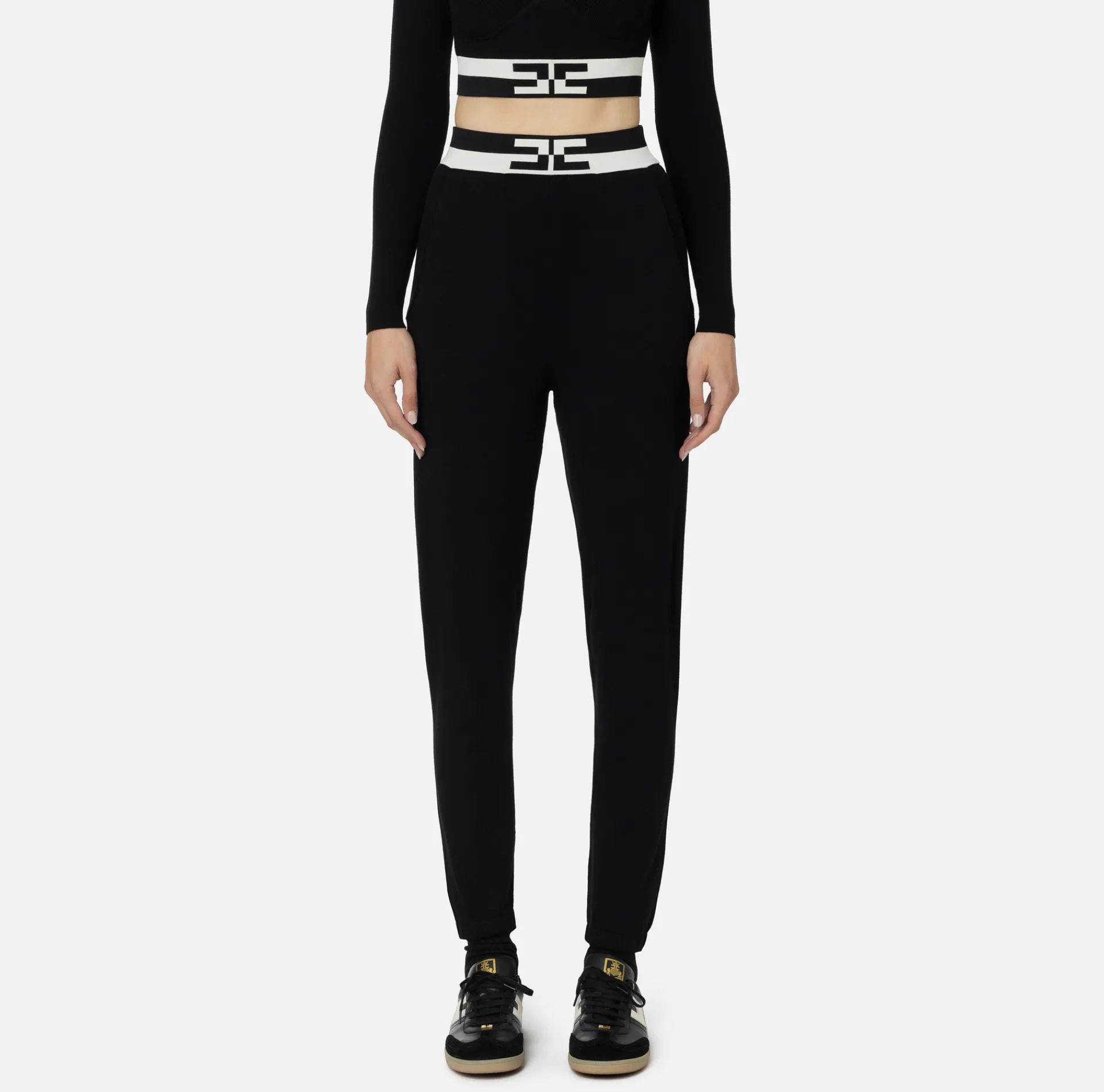 Elisabetta Franchi Trousers And Shorts|Viscose jogger trousers with logo bands Black/Butter