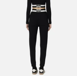 Elisabetta Franchi Trousers And Shorts|Viscose jogger trousers with logo bands Black/Butter