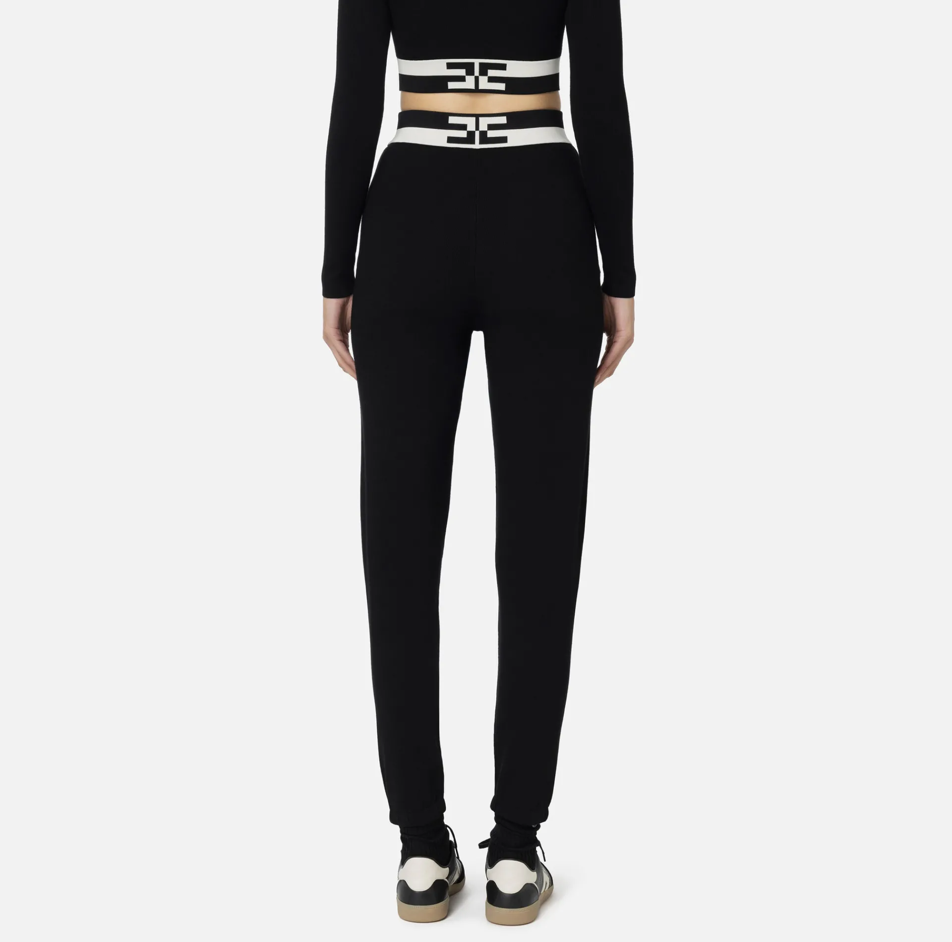 Elisabetta Franchi Trousers And Shorts|Viscose jogger trousers with logo bands Black/Butter