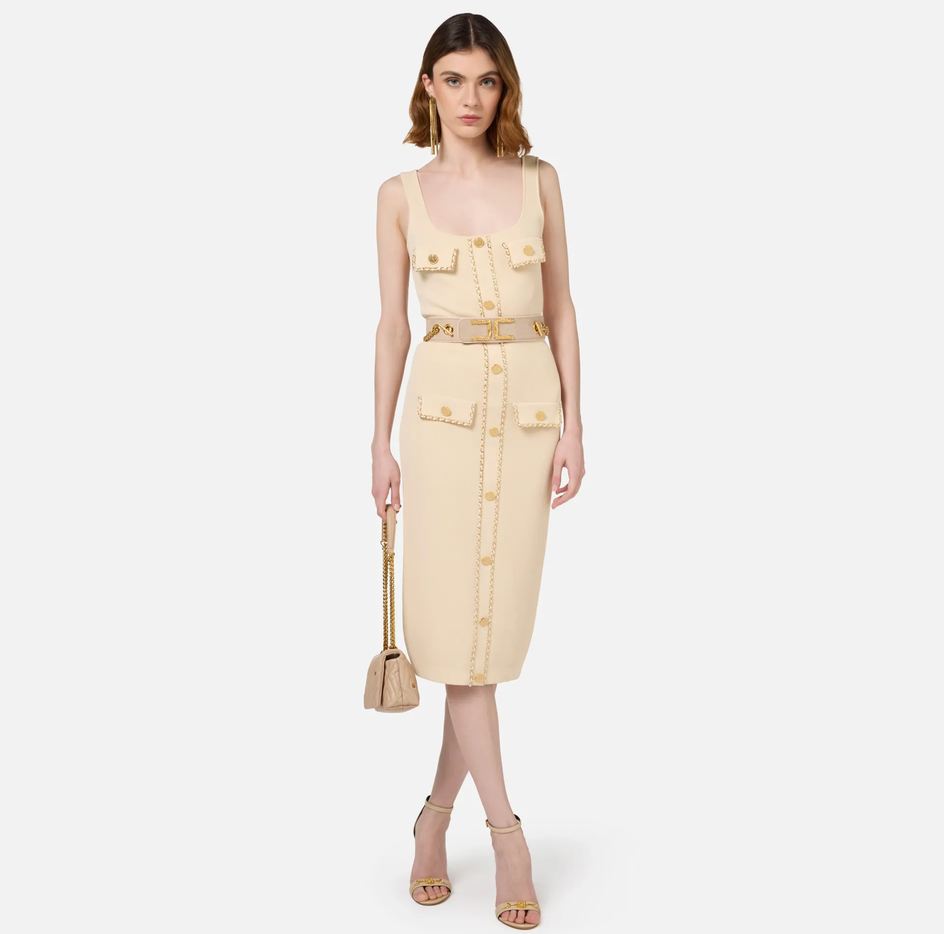 Elisabetta Franchi Midi Dresses|Knitted Dresses|Viscose midi dress with chain Cream