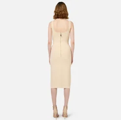 Elisabetta Franchi Midi Dresses|Knitted Dresses|Viscose midi dress with chain Cream