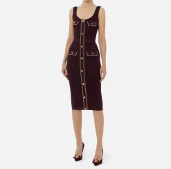 Elisabetta Franchi Midi Dresses|Knitted Dresses|Viscose midi dress with chain RougeNoir
