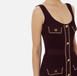 Elisabetta Franchi Midi Dresses|Knitted Dresses|Viscose midi dress with chain RougeNoir