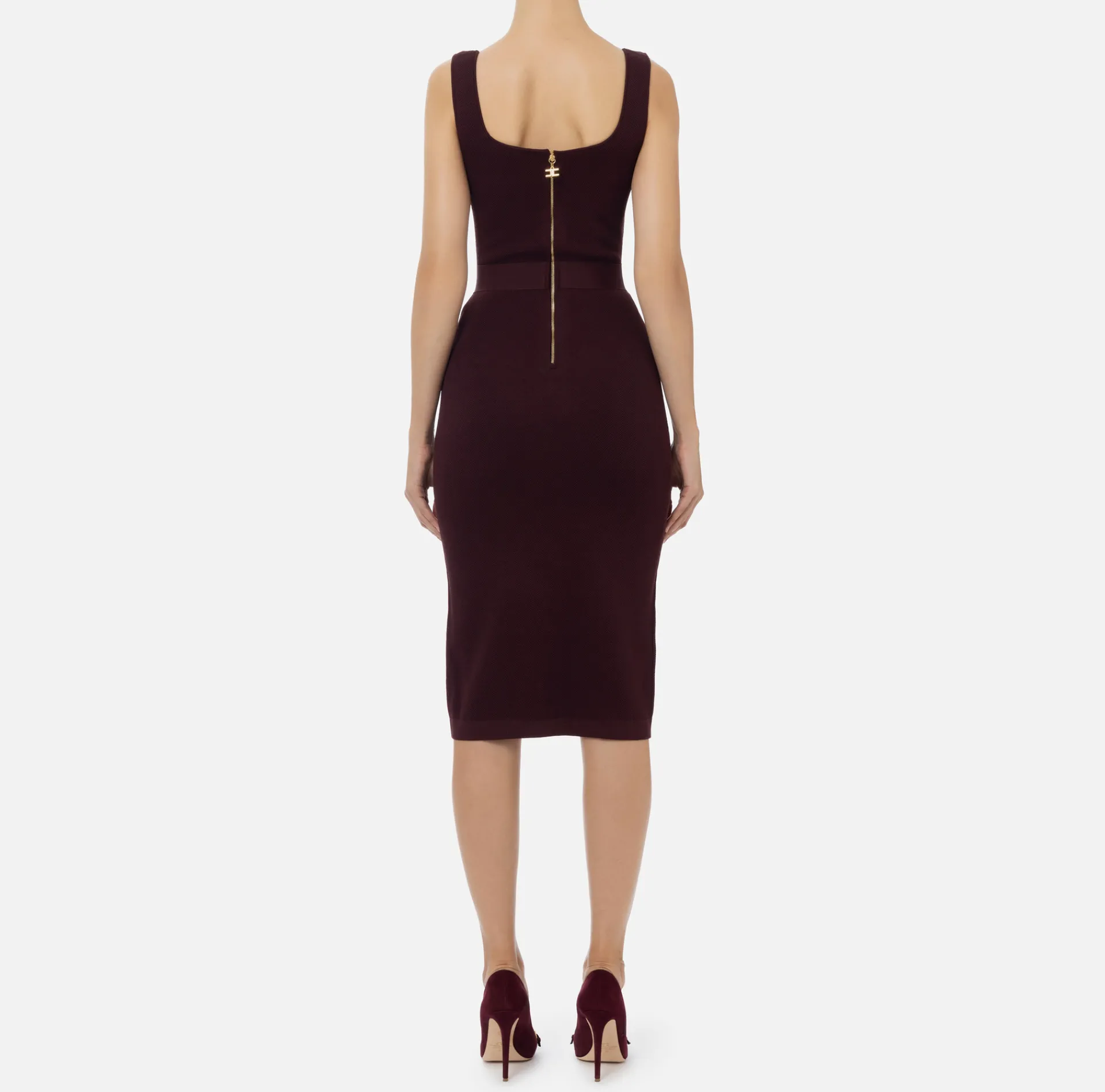 Elisabetta Franchi Midi Dresses|Knitted Dresses|Viscose midi dress with chain RougeNoir