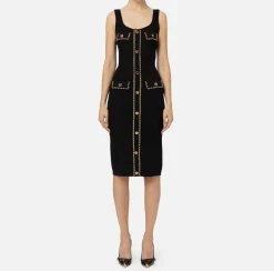 Elisabetta Franchi Midi Dresses|Knitted Dresses|Viscose midi dress with chain Black