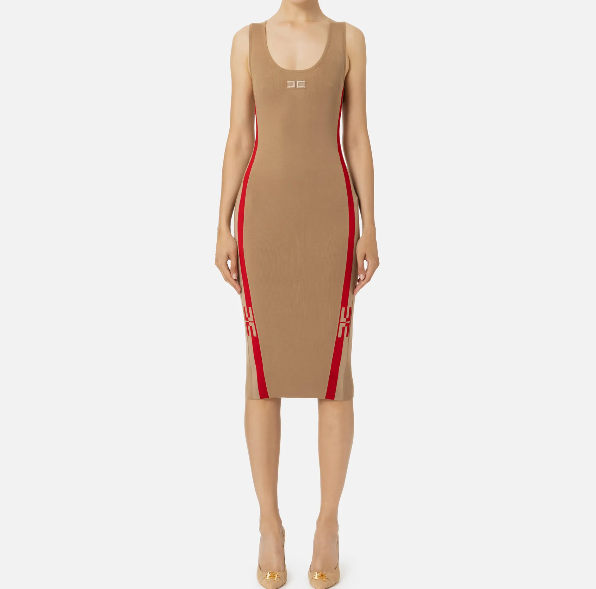Elisabetta Franchi Midi Dresses|Knitted Dresses|Viscose midi dress with logo bands Camel/RedPassion