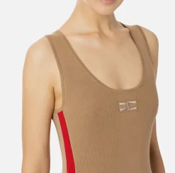 Elisabetta Franchi Midi Dresses|Knitted Dresses|Viscose midi dress with logo bands Camel/RedPassion