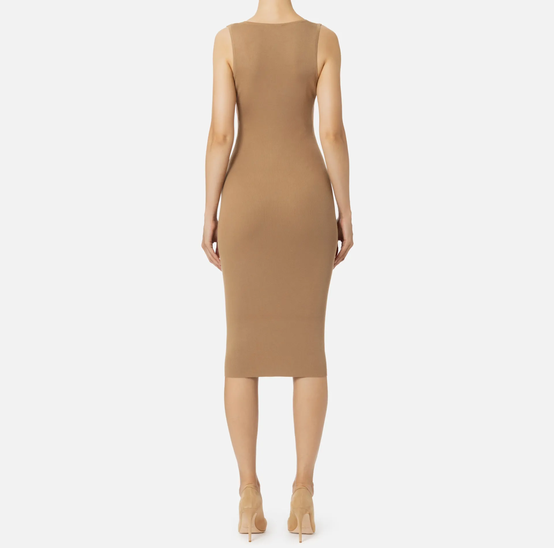 Elisabetta Franchi Midi Dresses|Knitted Dresses|Viscose midi dress with logo bands Camel/RedPassion