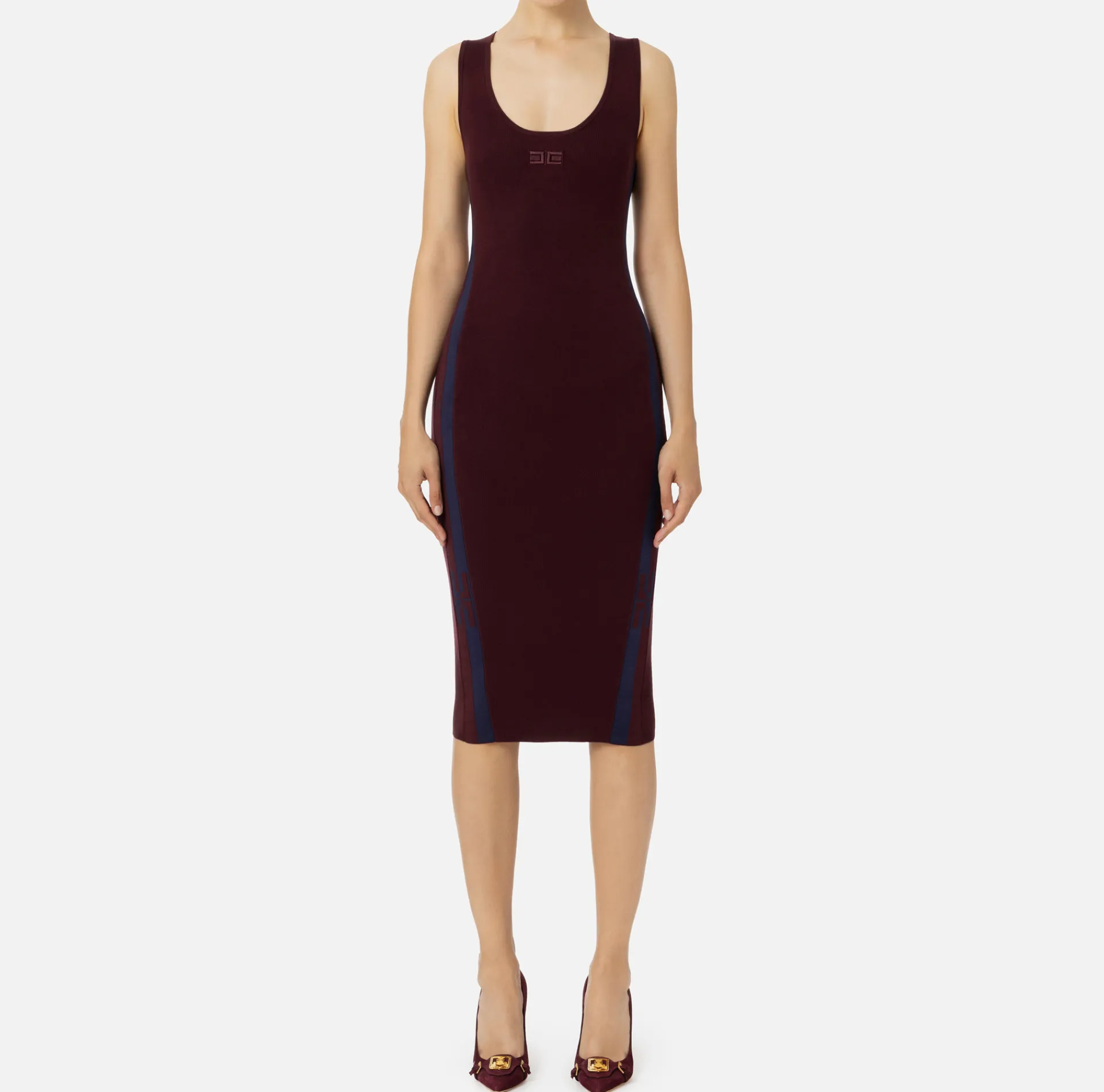 Elisabetta Franchi Midi Dresses|Knitted Dresses|Viscose midi dress with logo bands Gold