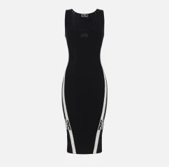Elisabetta Franchi Midi Dresses|Knitted Dresses|Viscose midi dress with logo bands Black/Butter