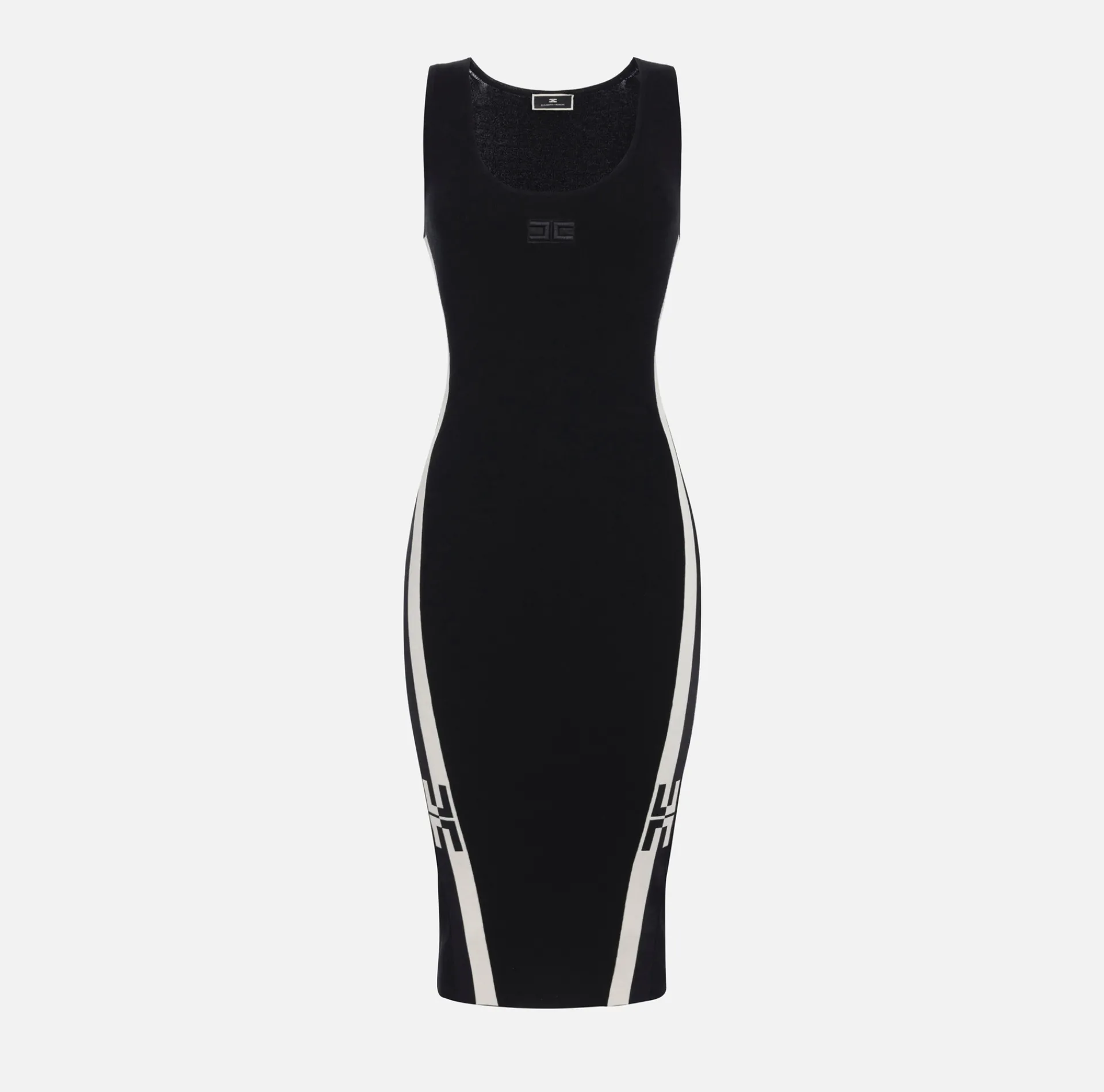 Elisabetta Franchi Midi Dresses|Knitted Dresses|Viscose midi dress with logo bands Black/Butter