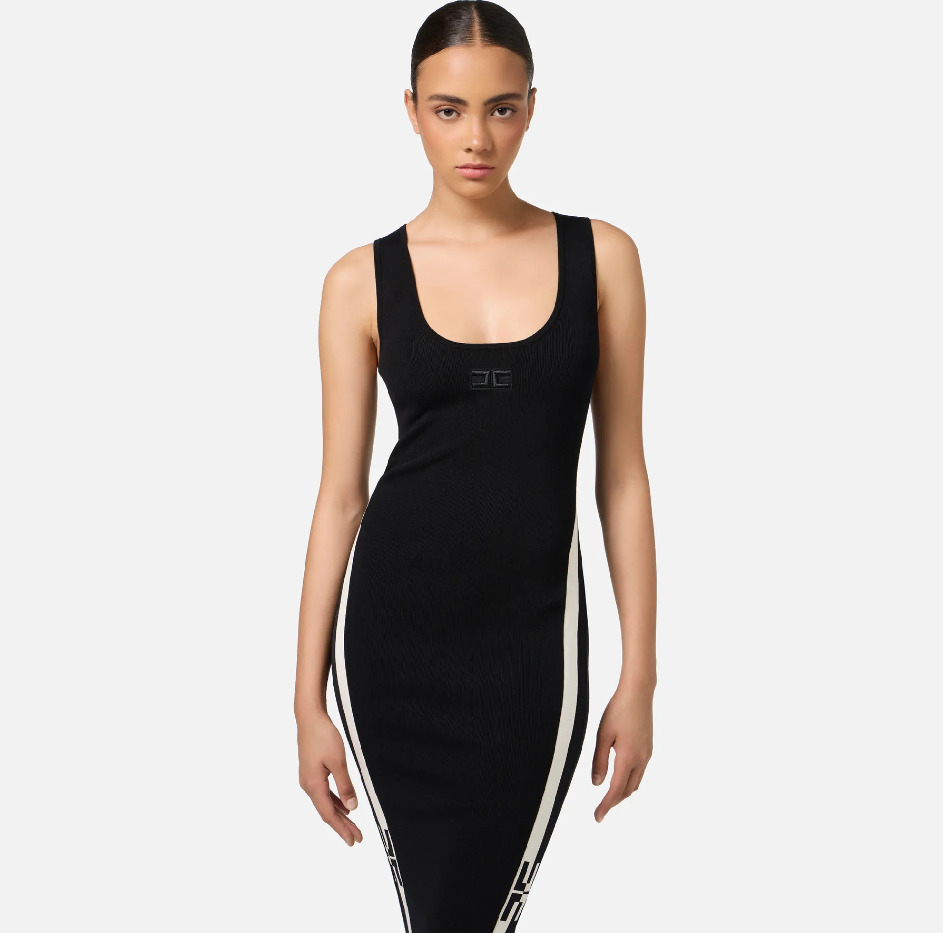 Elisabetta Franchi Midi Dresses|Knitted Dresses|Viscose midi dress with logo bands Black/Butter