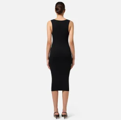 Elisabetta Franchi Midi Dresses|Knitted Dresses|Viscose midi dress with logo bands Black/Butter