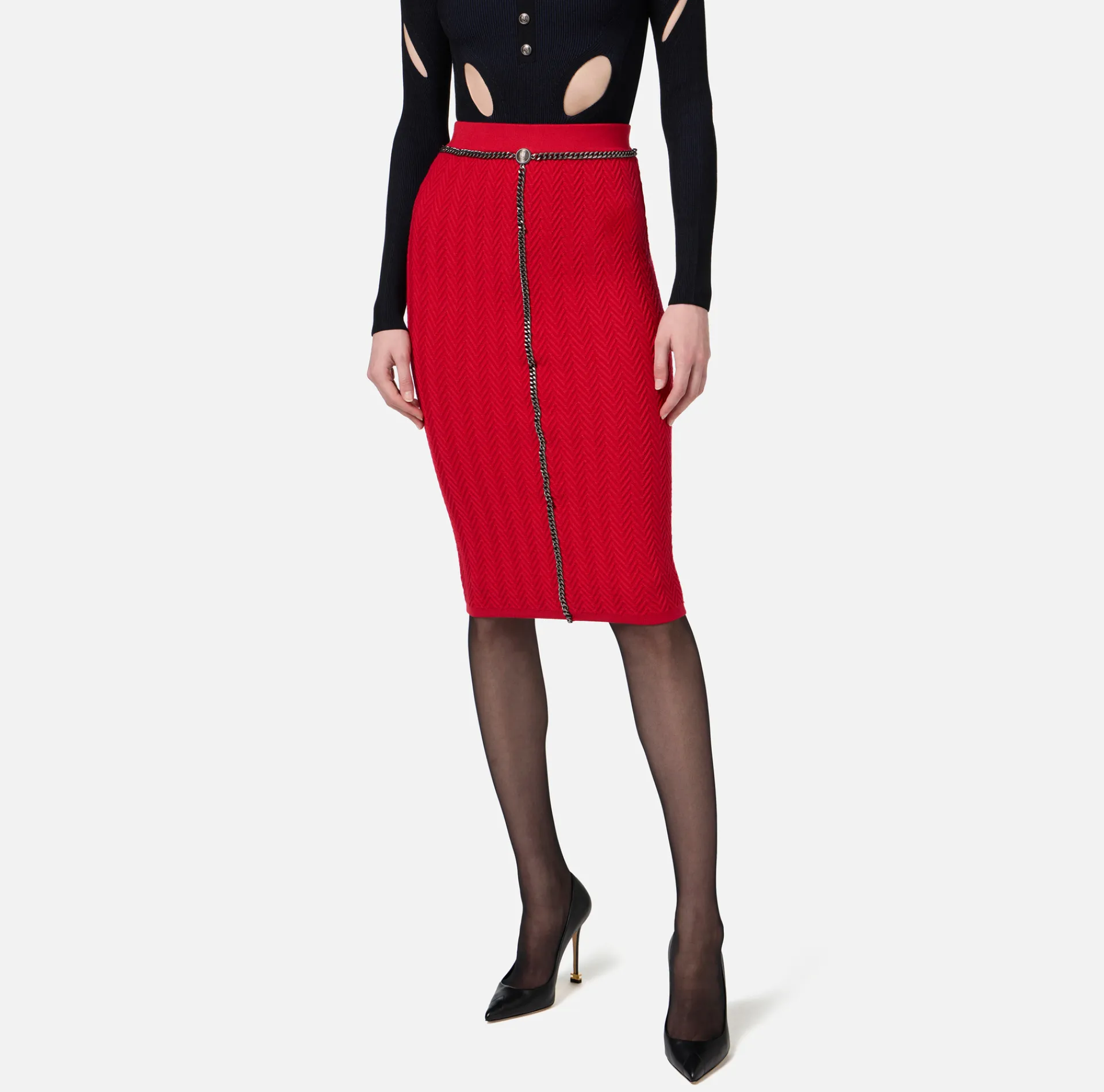 Elisabetta Franchi Skirts|Viscose midi skirt with chain RedPassion