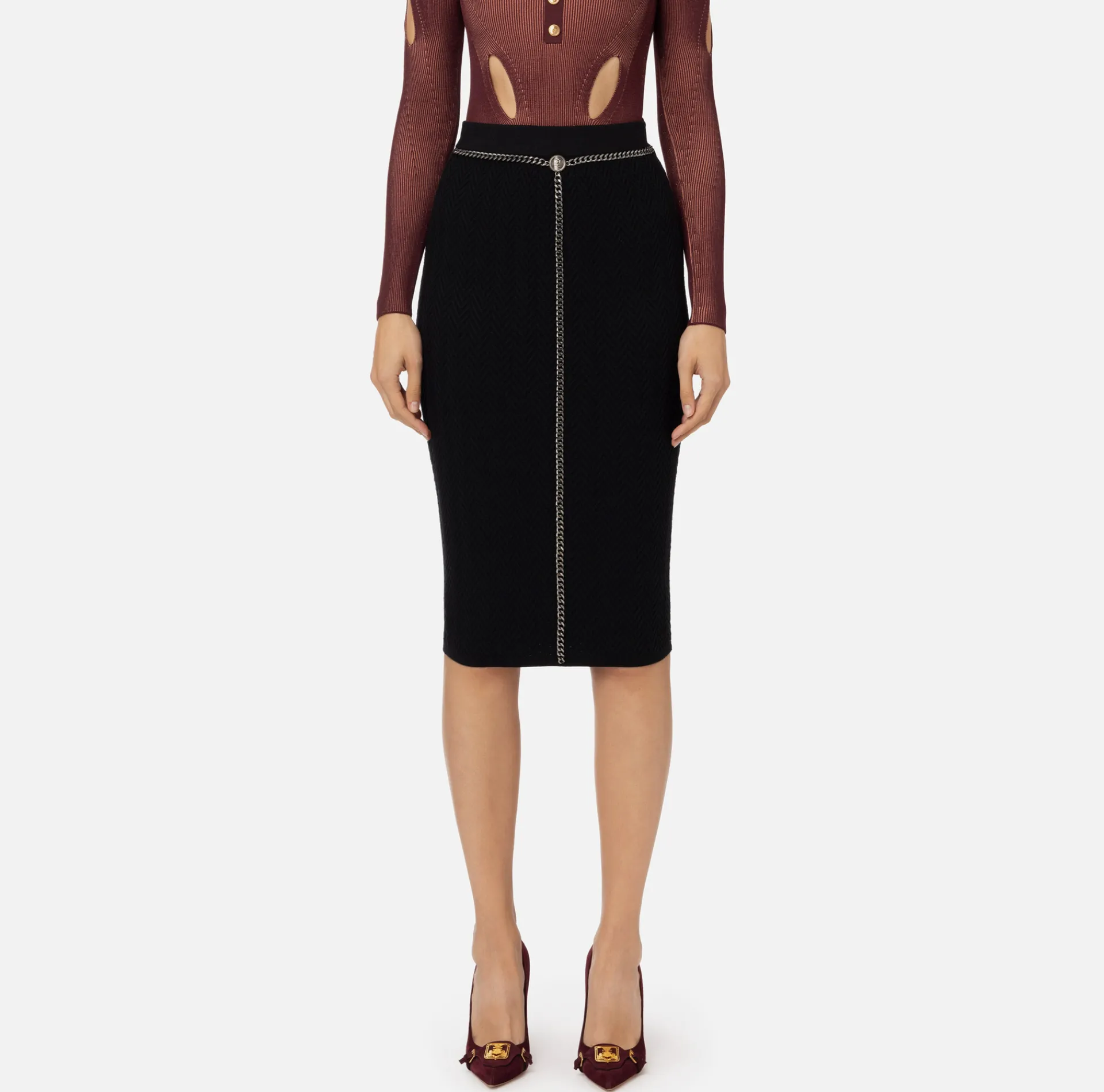 Elisabetta Franchi Skirts|Viscose midi skirt with chain Black