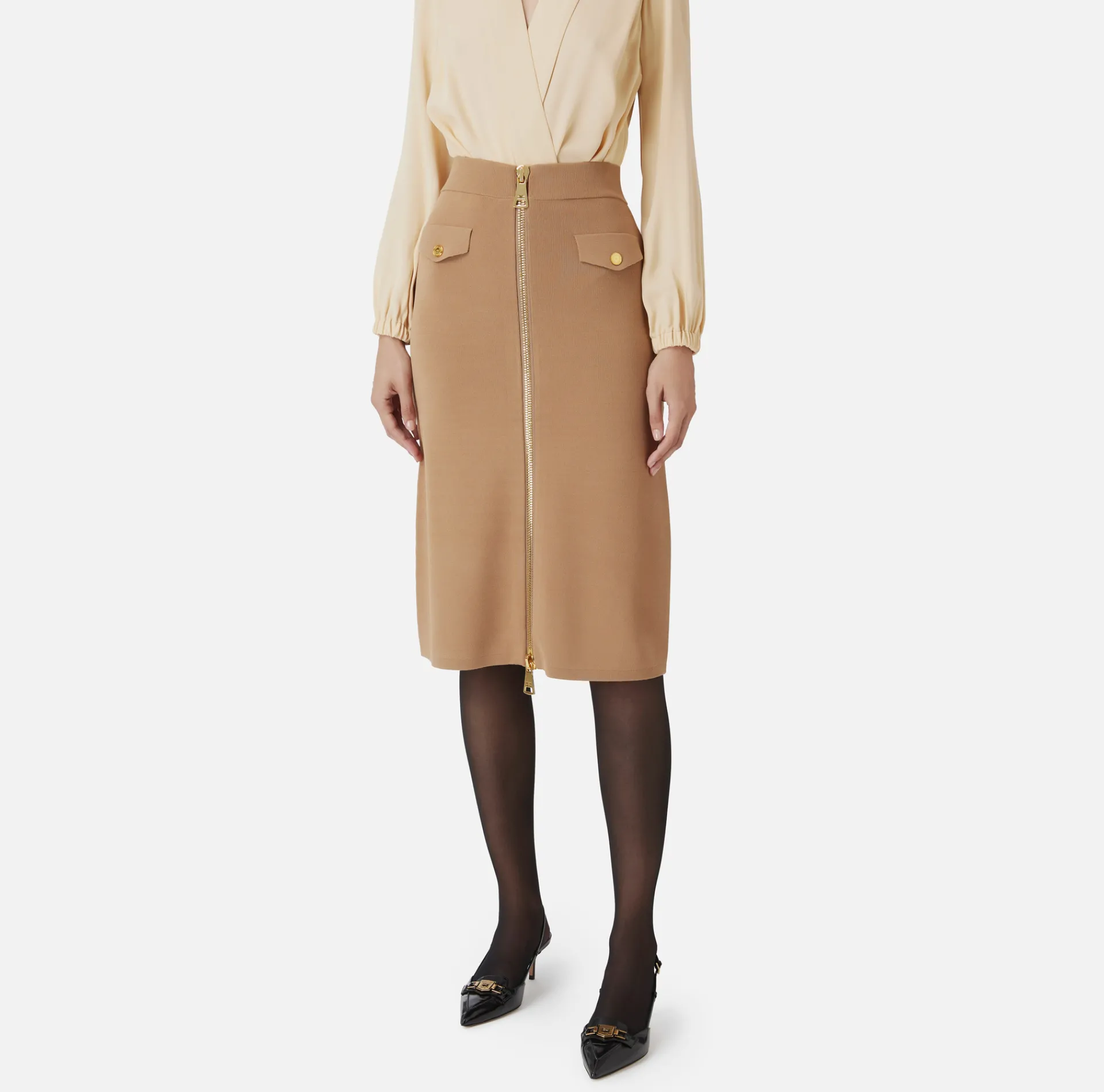 Elisabetta Franchi Skirts|Viscose midi skirt with zip Camel