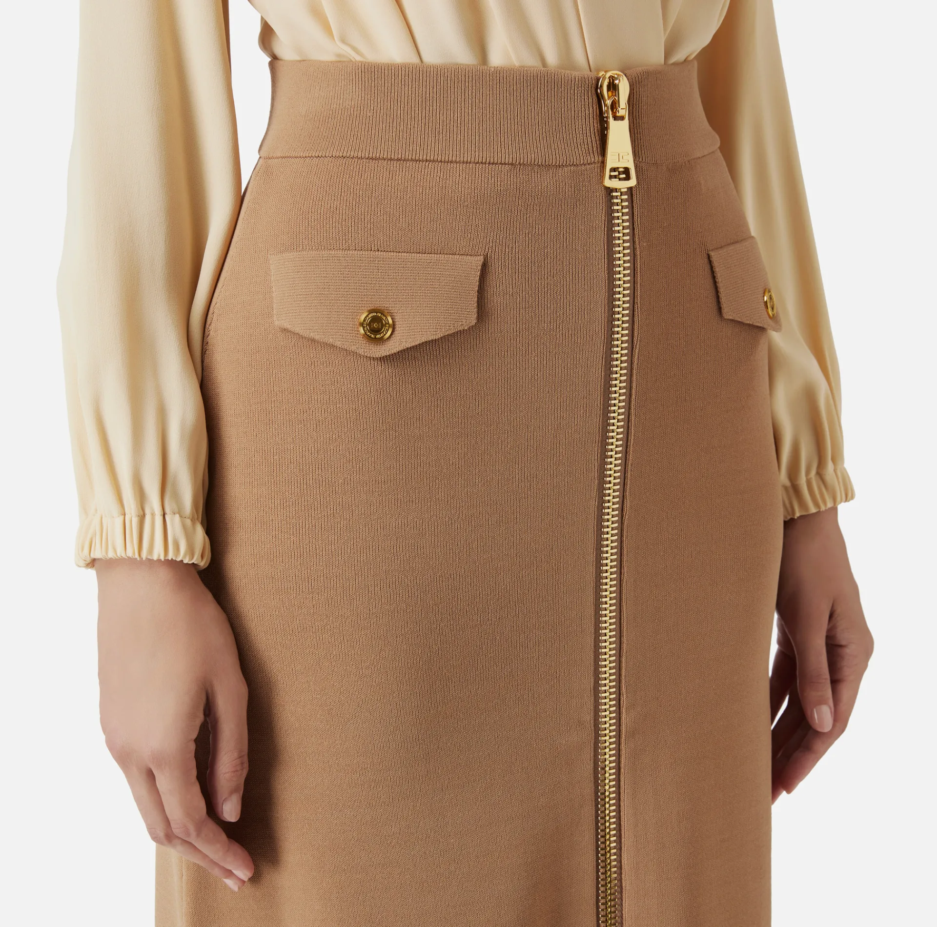 Elisabetta Franchi Skirts|Viscose midi skirt with zip Camel