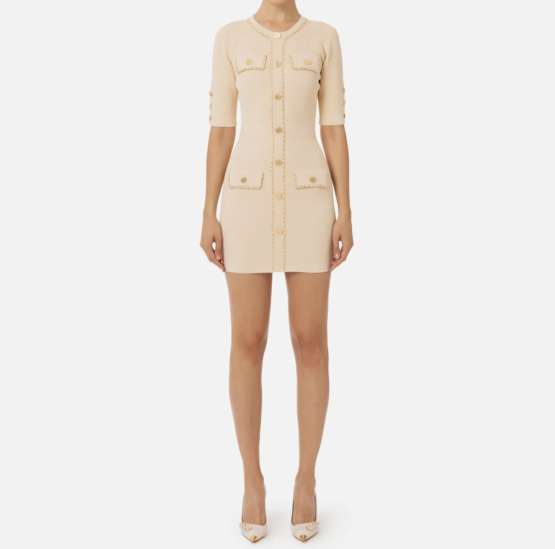 Elisabetta Franchi Knitted Dresses|Mini Dresses|Viscose mini dress with chain Cream