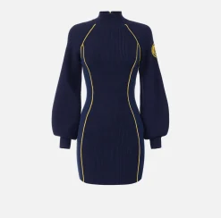 Elisabetta Franchi Mini Dresses|Knitted Dresses|Viscose mini-dress with logo patch Navy/Mimosa