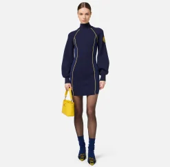 Elisabetta Franchi Mini Dresses|Knitted Dresses|Viscose mini-dress with logo patch Navy/Mimosa