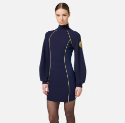 Elisabetta Franchi Mini Dresses|Knitted Dresses|Viscose mini-dress with logo patch Navy/Mimosa