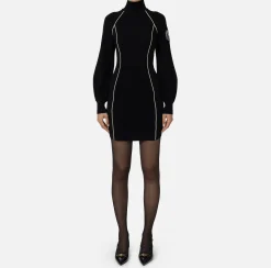 Elisabetta Franchi Mini Dresses|Knitted Dresses|Viscose mini-dress with logo patch Black/Butter